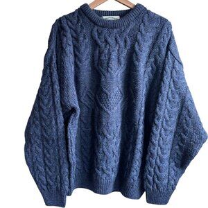 VINTAGE Blue Aran Crafts Cable Knit Crewneck Sweater Made in Ireland XL Cozy